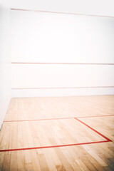 Squash, court and background for training, match and fitness in sport competition with mockup space. Indoor club, texture and activity in gym for wellness, game or exercise in athletics, hobby or fun