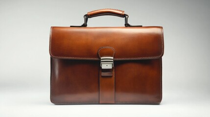 Modern brown leather gentleman briefcase bag, isolated on white background, showing strong stitching and sleek silhouette.