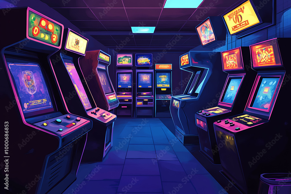 Poster a vibrant arcade filled with classic video game machines in a retro setting.