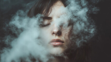 face obscured by a cloud, symbolizing depression and loneliness. The mist represents emotional isolation and the struggle of hiding one’s inner feelings