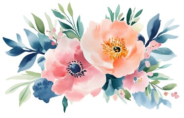 Watercolor flowers, a floral bouquet in pastel colors, isolated on a white background. Hand-drawn watercolor painting illustration, 