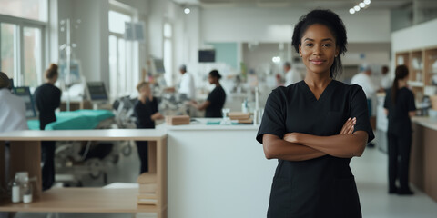 Obraz premium Smiling African American nurse wearing light blue scrubs in a bright and inviting hospital hallway with copyspace for marketing or business ad