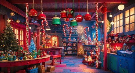 Fototapeta premium Sleigh bells and candy canes hanging in a vibrant whimsical workshop filled with toys and glowing ornaments