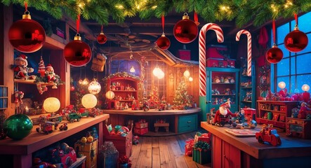 Naklejka premium Sleigh bells and candy canes hanging in a vibrant whimsical workshop filled with toys and glowing ornaments