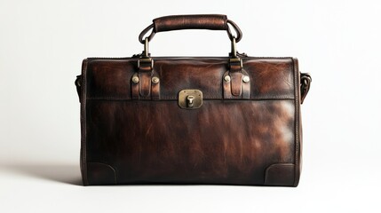 Vintage gentleman bag in dark brown leather with aged patina, placed on white background, emphasizing its timeless appeal.