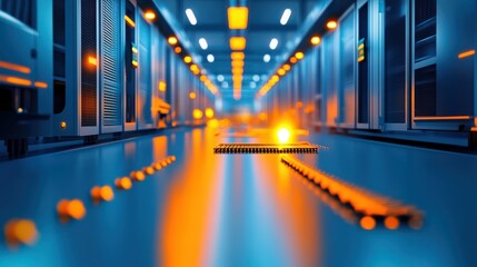 Server Room With Orange Lights and Blue Floor
