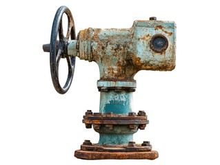 Fototapeta premium Rusty industrial valve with wheel, showcasing weathered metal and patina isolated on a white background, transparent background.