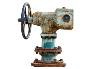 Rusty industrial valve with wheel, showcasing weathered metal and patina isolated on a white background, transparent background.