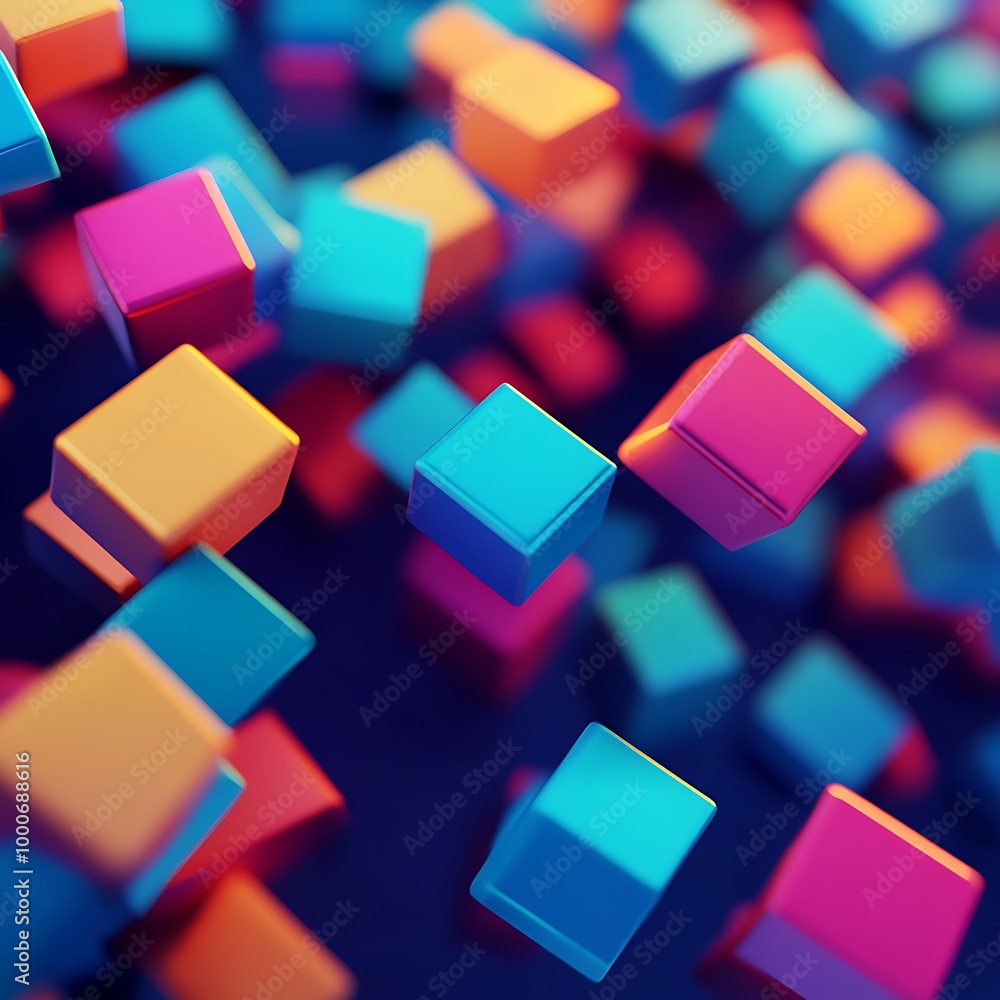 Poster abstract 3d render, geometric background design with colorful cubes, generative ai