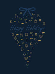 Elegant golden blue happy holidays greeting card with Christmas ornnament pattern in ornament shape with a bow. celebrate elegant festive