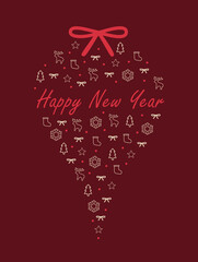 Cheerful red happy new year greeting card with Christmas ornnament outline pattern in ornament shape with a bow. celebrate elegant