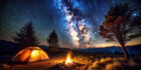Camping by the campfire under a starry night sky , camping, night, tent, outdoors, adventure, bonfire, stars