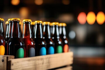 A vibrant collection of craft beer bottles arranged in a wooden crate, showcasing colorful labels against a warm, inviting background.