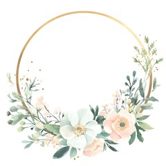 Watercolor pastel green eucalyptus leaves and a gold circular frame,