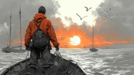 A fisherman in an orange jacket stands in his boat, gazing out at the sunset.