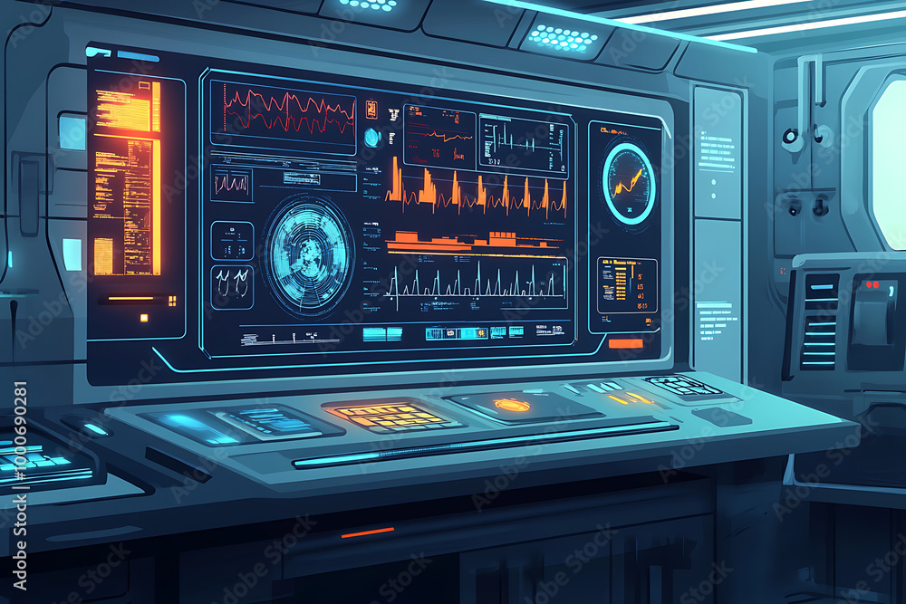 Poster futuristic control panel with data displays and monitoring systems.