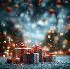 A beautifully wrapped gift boxes with festive patterns, arranged  on a soft gray carpet. The background features a softly blurred New Year&rsquo;s Eve party.  Copy space, free space for text