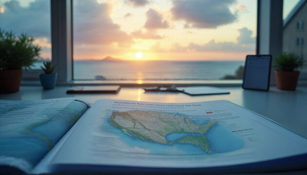 A book is open to a page with a map of the United States - Powered by Adobe