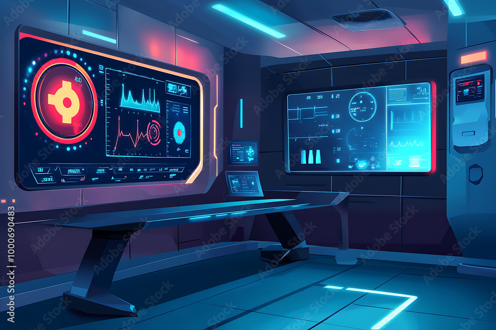 Aufkleber futuristic control room with digital displays and data visualizations.