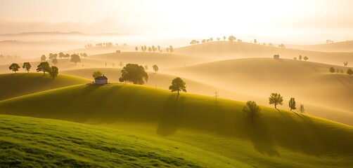 Obraz premium Golden morning light illuminating rolling hills with trees and a small building in a serene landscape during sunrise