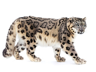 snow leopard standing isolated on white background