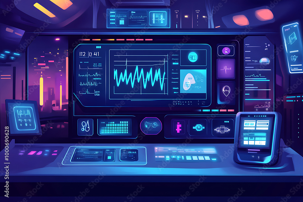 Poster futuristic control panel with various data displays and graphs in a sci-fi environment.