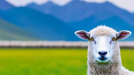 Fototapeta premium A close-up of a white sheep staring directly at the camera.