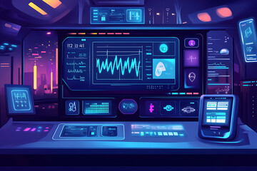 Fototapeta premium Futuristic control panel with various data displays and graphs in a sci-fi environment.