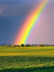 A vibrant rainbow arc over a lush green field, creating a stunning contrast against a dramatic sky.
