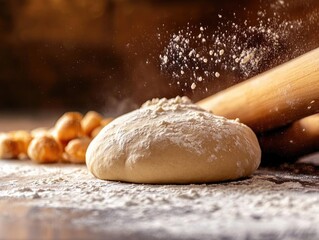 Fresh dough on a floured surface with a rolling pin, capturing the essence of baking and culinary creativity.