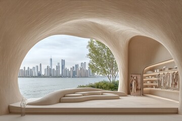 A modern interior space with an artistic view of a city skyline over water, showcasing minimalist design and elegance.