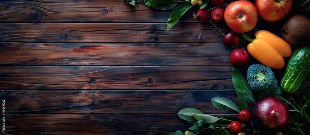 Poster diet program concept set of fresh vegatables and fruits on dark wooden background top view frame cop