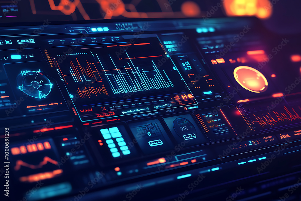 Poster futuristic data dashboard with graphs and controls for analysis.