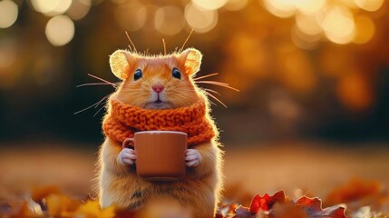 A cute hamster wearing a cozy scarf, holding a cup, surrounded by autumn leaves and warm bokeh lights. Perfect for fall themes.