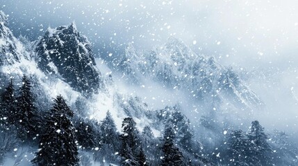 A breathtaking winter landscape with snow-covered mountains and falling snowflakes, evoking a serene and tranquil atmosphere.
