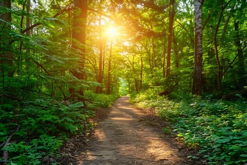 Fototapeta premium Morning in the green forest. Sun rays through the branches of trees