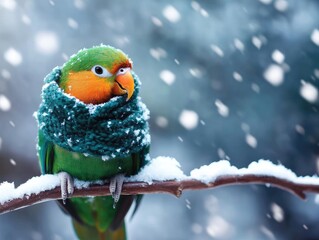 A vibrant green parrot wearing a cozy scarf, perched on a snowy branch amidst gently falling snowflakes.