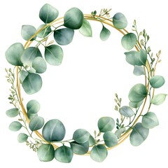 Watercolor pastel light green eucalyptus and gold-framed circle, 