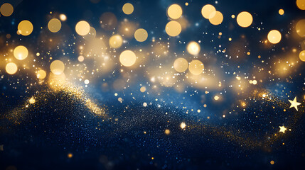 Abstract background with gold stars, particles and sparkling on navy blue. Christmas Golden light shine particles bokeh on navy blue background. 2024 New year background. Gold foil texture.