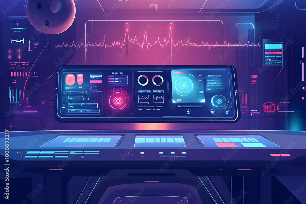 Poster futuristic control panel with vibrant graphics and data displays.