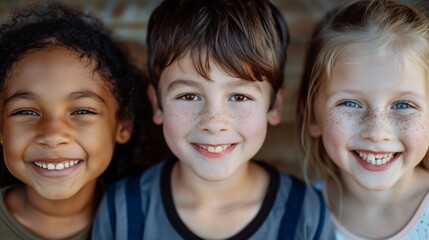 A close-up photo of three kids from different backgrounds, smiling brightly together