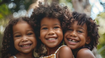 A close-up photo of three kids with different hair textures, smiling warmly