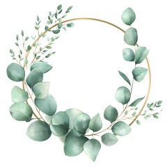 Watercolor pastel light green eucalyptus and gold-framed circle, 