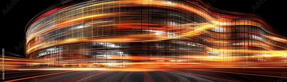 Poster dynamic urban architecture illuminated by vibrant night lights, creating a visually stunning abstrac