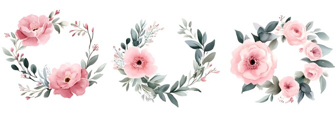 Watercolor floral wreath, with roses and pink flowers, leaves, and eucalyptus clipart, on a white background