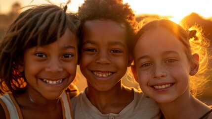 A close-up photo of three kids with different skin tones, smiling warmly