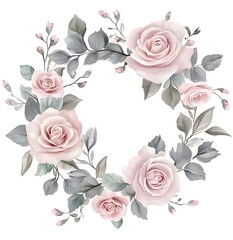 Watercolor floral wreath, with roses and pink flowers, leaves, and eucalyptus clipart, on a white background
