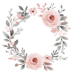 Fototapeta premium Watercolor floral wreath, with roses and pink flowers, leaves, and eucalyptus clipart, on a white background