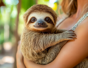 Fototapeta premium A little sloth in a girl's arms.
