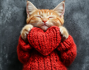Portrait of a cat  holding red knitted heart in the paws on a gray background.